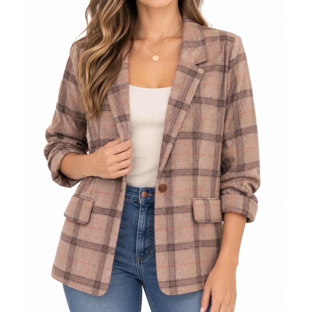 Carole Wren Womens Plaid Blazer Jacket Tan Brown Ruched Sleeve Single Button L
